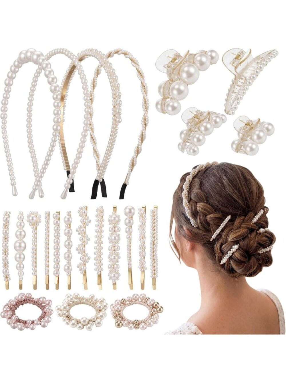 23 Pcs Faux Pearl Hair Accessories Set - Clips, Headbands & Gold Hairpins